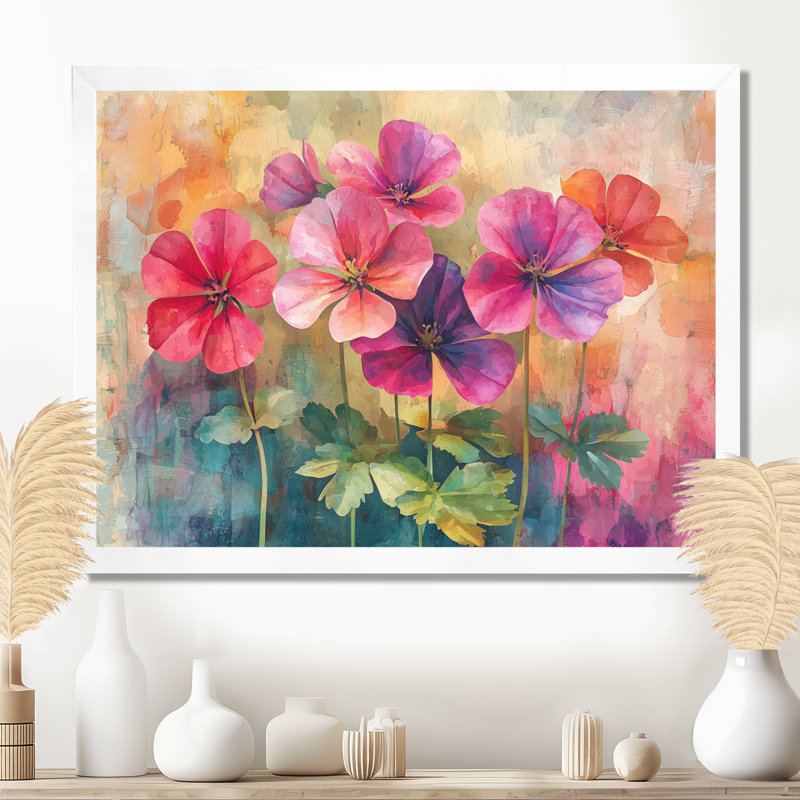 Neon Geranium Fields Pop Art II - Geraniums, art mural sur toile, Cadre simple, H 24 po x l 32 po, Blanc