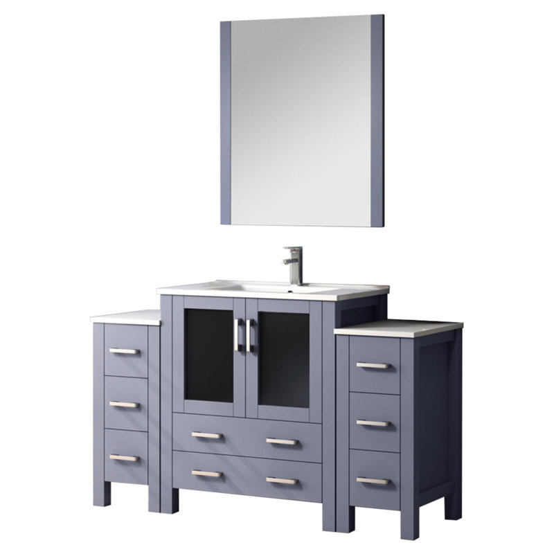 54 po Meuble-lavabo large gris foncé avec armoires latérales, comptoir en céramique, robinet et robinet à fixation murale à long terme résistant aux rayures