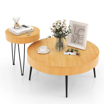 Hommoo 2-Piece Wooden Coffee Table Set with Metal Triangle Frame & Adjustable Leveling Feet, Solid Pine Wood Top, Compact Living Room Furniture, Natural & Black
