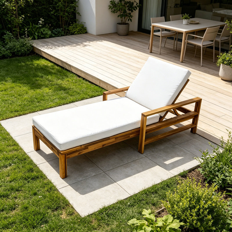 Acacia Wood Outdoor Chaise Lounge With 5-Level Adjustable Backrest, All-Weather Patio Recliner For Garden, Balcony & Poolside