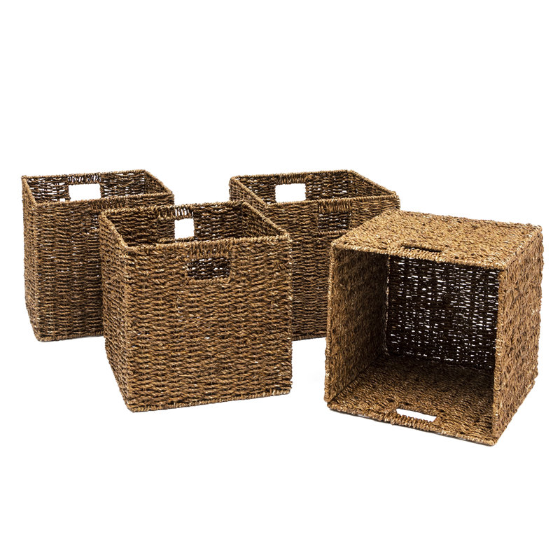 Walnut Brown Foldable Paper Rope Storage Baskets with Iron Frame, Set of 4