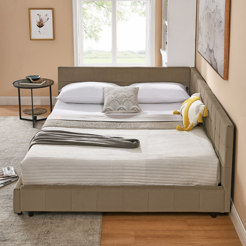Structure de lit tapissier pour grand lit avec dossier et accoudoirs confortables pour la chambre à coucher et le salon, Brun