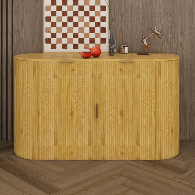55.1" Sideboard With 2 Doors & 2 Drawers, Curved Side Door And 3-Tier Adjustable Shelves, Stripe MDF Buffet, Natural