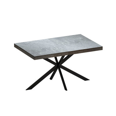Table de salle à manger extensible rectangulaire en pierre grise et noire, base en fer et métal, rangement, capacité de 165 lb, 6 personnes assises avec motif extensible, relief noir, pieds, et plus