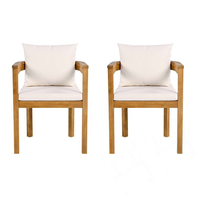 Outdoor Acacia Wood Dining Chair With Beige Cushion, Set Of 2, Weather-Resistant And Comfort-Focused Design For Patio Use.