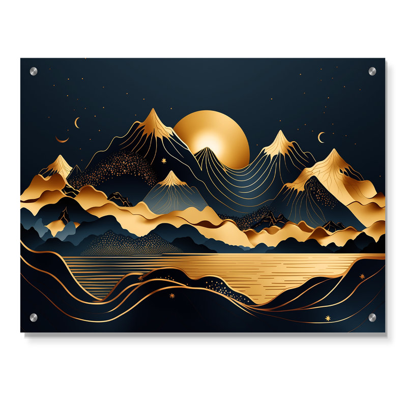 «Gold Minimalist Mountains II», art mural moderne minimaliste en acrylique, H 16 po x l 32 po