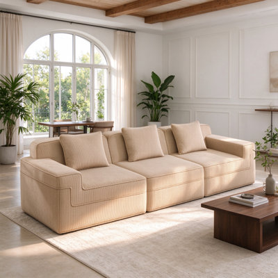 Modular 3-Seat Cloud Sectional Sofa, Deep Seat Boneless Couch with Corduroy Fabric and Throw Pillows, Modern Upholstered Lounge Set for Living Room, Camel