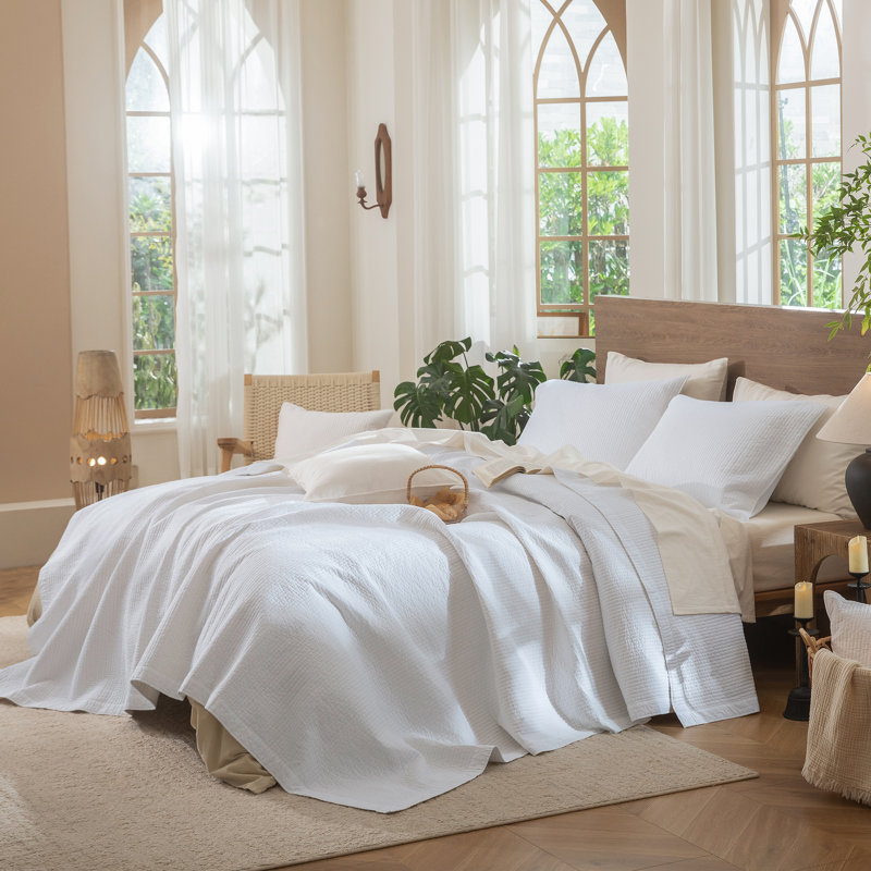Ensemble de courtepointe à rayures 100% coton délavé, Courtepointe pour grand lit + 2 taies décoratives, Blanc brillant