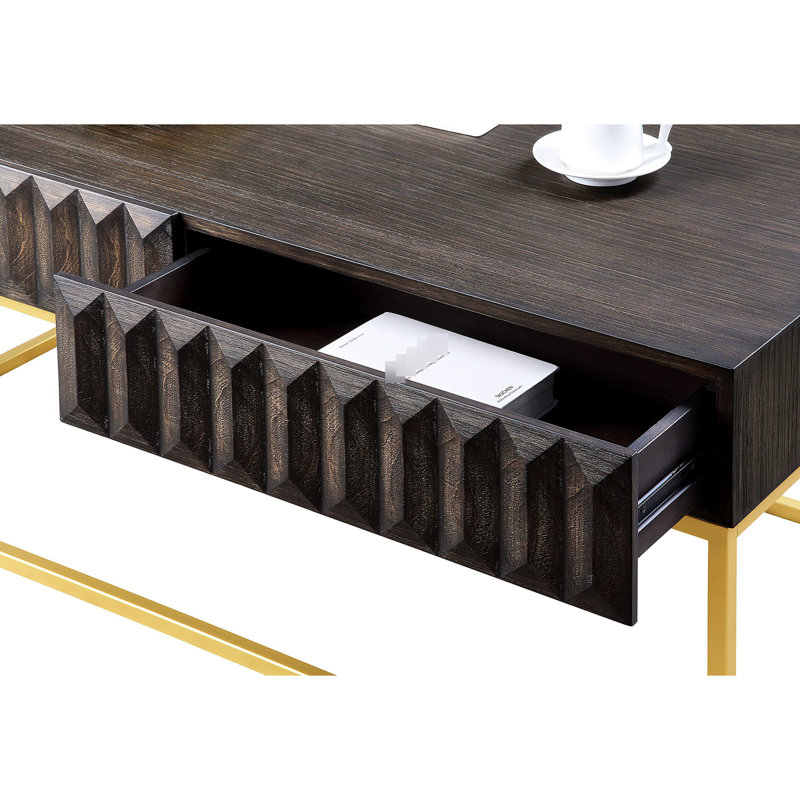 Table de bout de style contemporain, mélange de métal et de bois massif, tiroirs dissimulés, pieds en acier doré, finition noyer, glissières de roulement, bordure de table texturée - bord de table de 23 po x 23 po x 24 po de profondeur, largeur de 24 po
