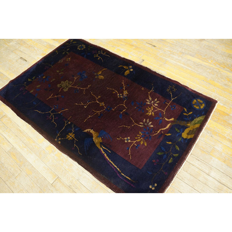 Bold Tree Bird Of Paradise Pattern Small Antique Chinese Deco Rug