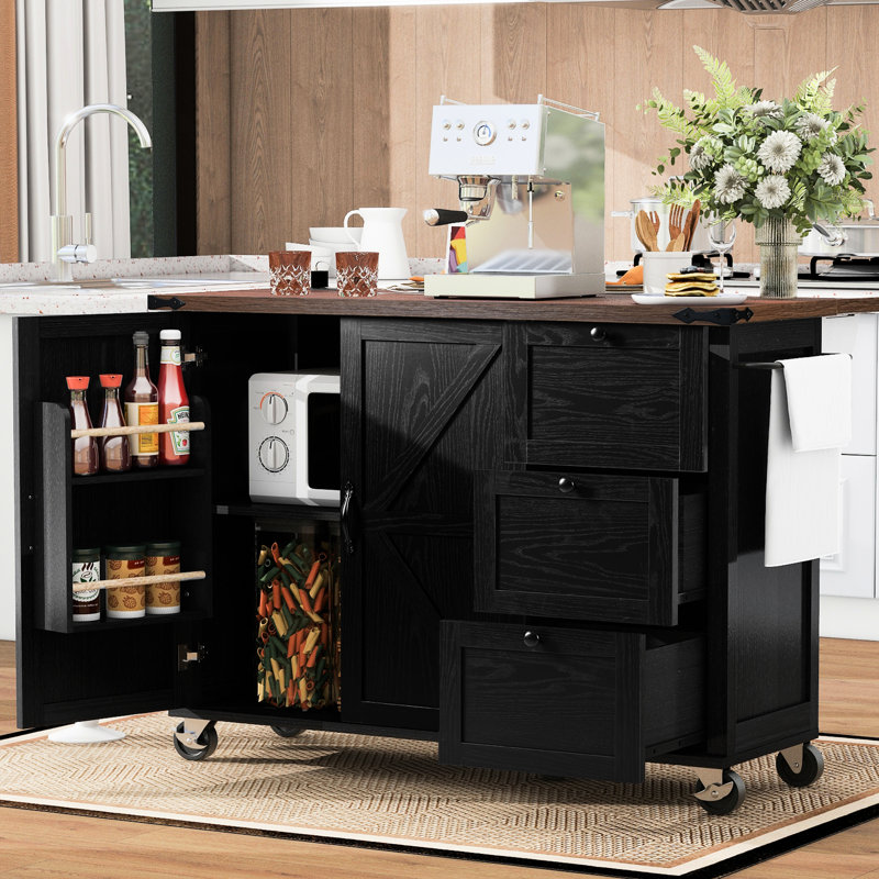 54.5" Black Kitchen Island With Soft Close Hinges And Storage, For Large Internal Shelf Power Outlet, X 28.64" 36.5", Rolling Cart