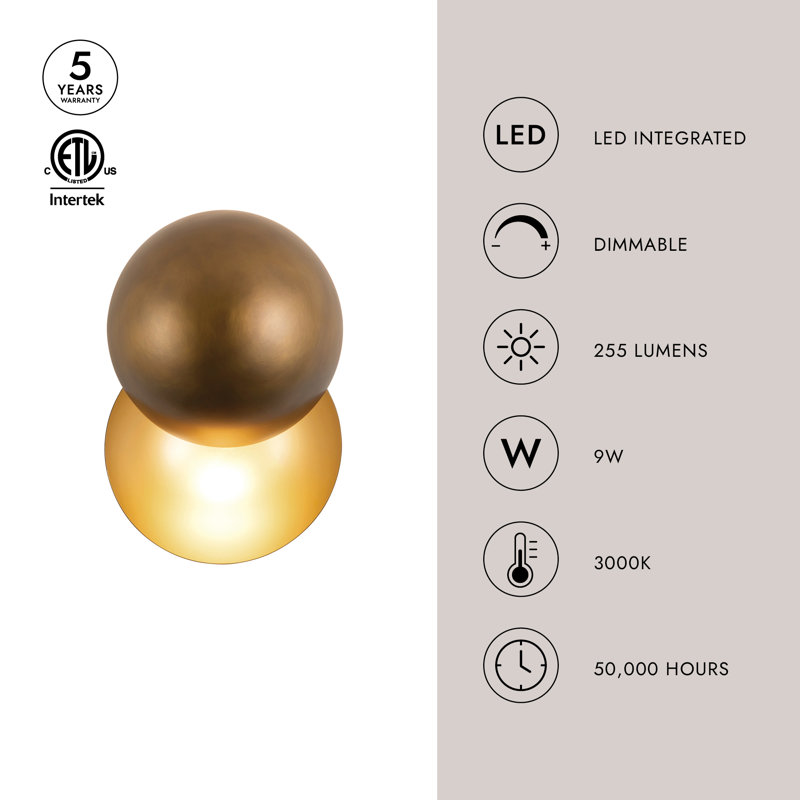 Void 12-in Black dimmable LED Wall Sconce, Antique Brass