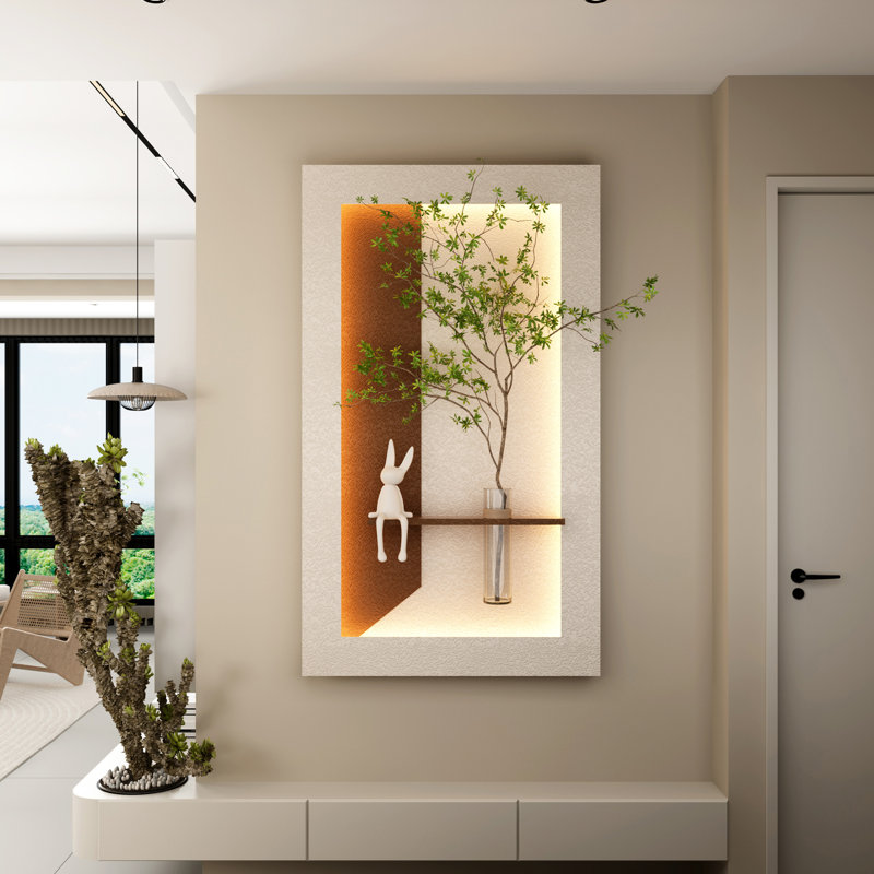 Décoration murale de plantes simulées avec art 3D, DEL 3 couleurs réglable, vase en verre, statue de lapin et éclairage télécommandé pour le salon, croissance de plantes bricolage, décor à installation rapide, plantes, statue,
