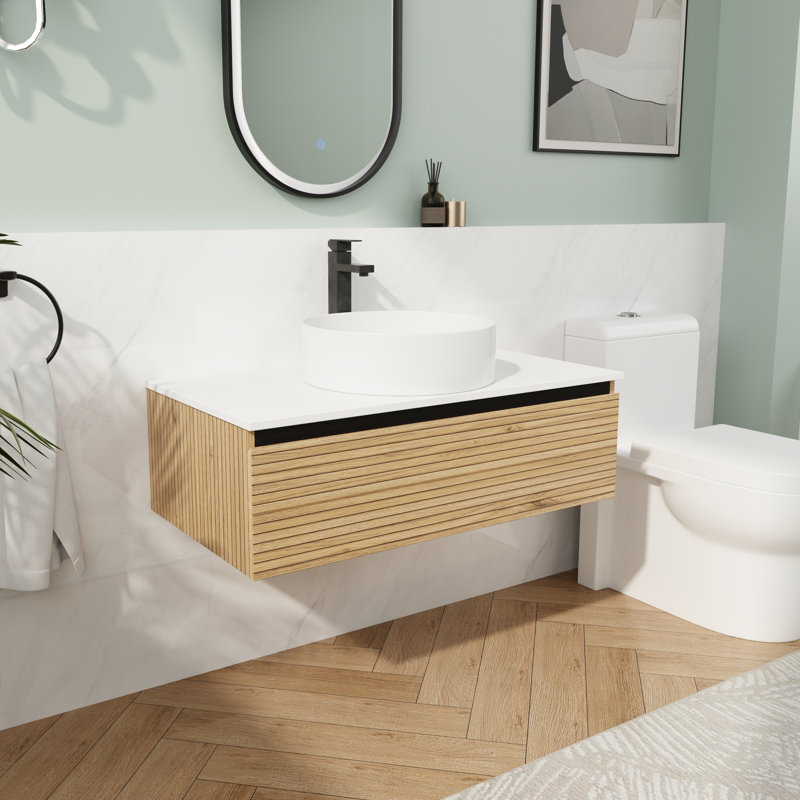 36" Bath Vanity Wall Mount w/ Ceramic Sink & Soft-Close Drawer, White, 35.43"