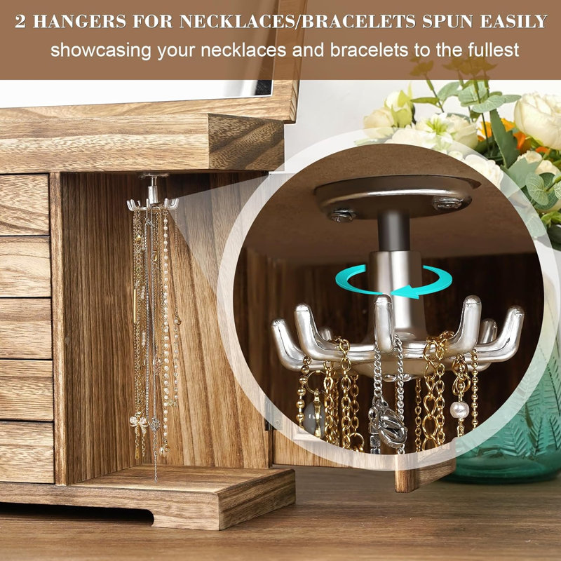 Boîte à bijoux en bois avec miroir et boîte de rangement pour bijoux, Brun