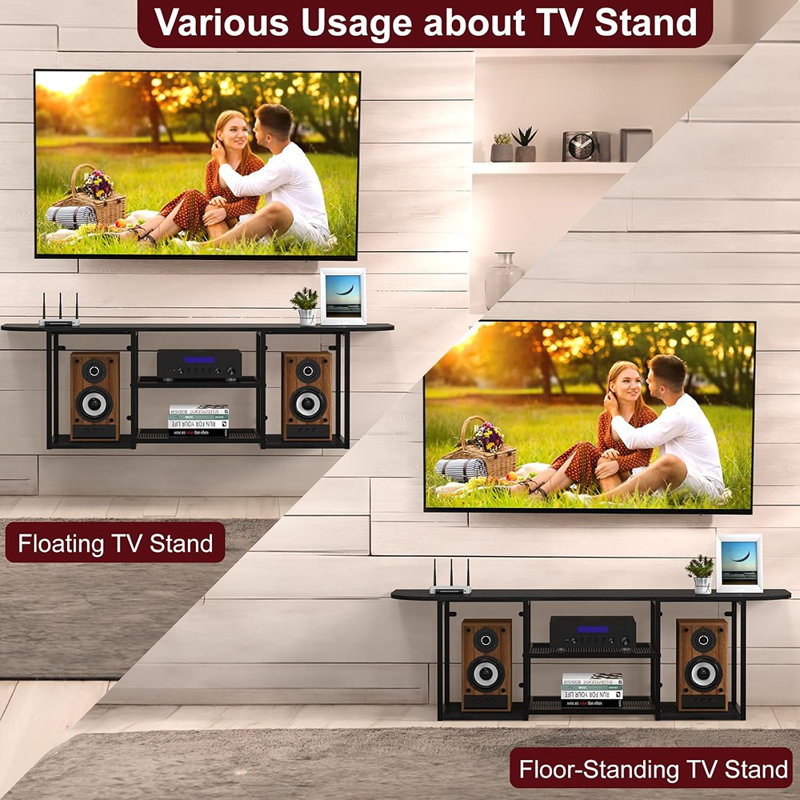 Meuble télé flottant pour téléviseur de 50 à 60 po, console multimédia murale avec tablettes de rangement ouvertes, meuble audio-vidéo moderne, noir