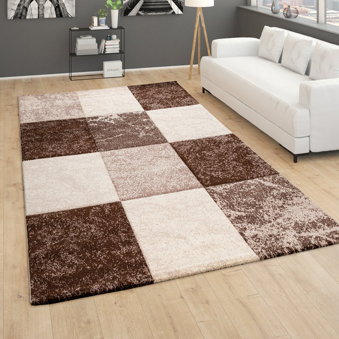 Teppich Wohnzimmer Kurzflor Geometrisches Muster Kariert 3D Design Braun Beige