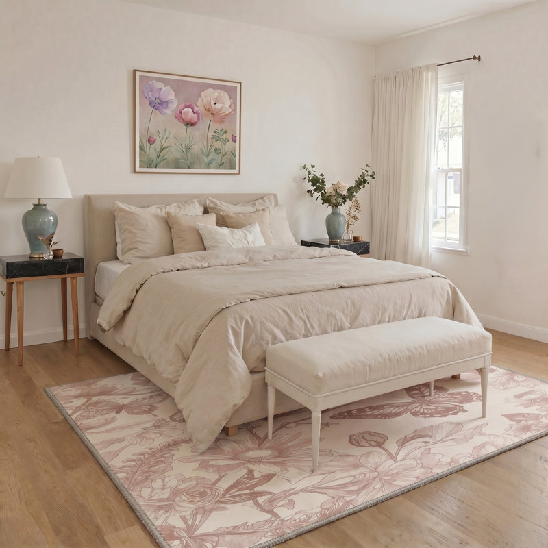 Abrahamson Fjordia Floral Machine Washable Beige / Pink Indoor Area Rug with Non-Slip Backing, Round 5'