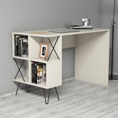 Bureau d'étude moderne avec de nombreuses tablettes, crème et noir, 47,2 po x 30,9 po x 23,6 po | 100% panneau de particules enduit de mélamine, épaisseur: 0,7 pouce | Conception murale, élégante et fonctionnelle pour les bureaux à domicile et les espaces d'étude