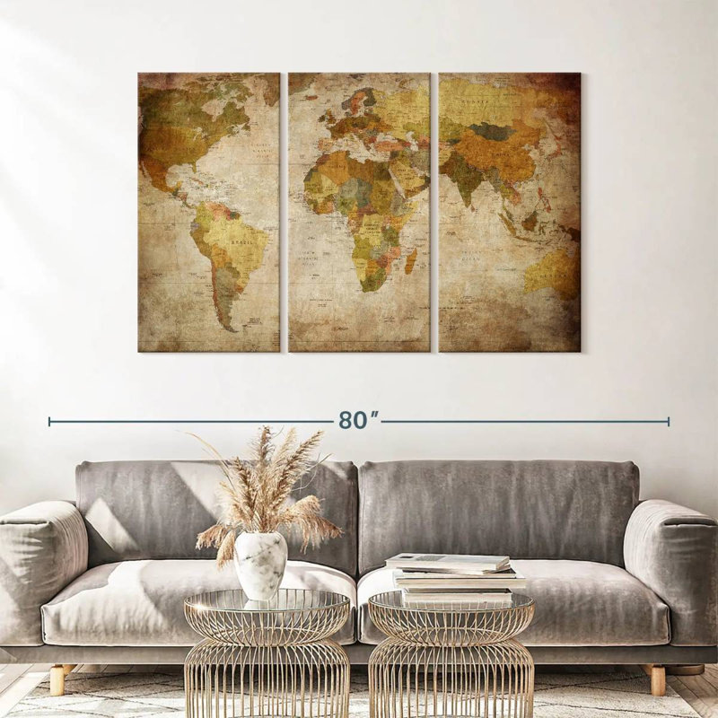 Carte du monde rétro sur toile, ensemble de 3 pièces, H 36 po x l 57 po x P 1,25 po