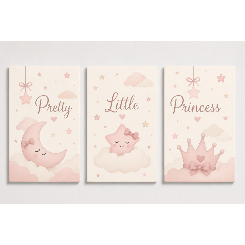 Grand ensemble de 3 décorations murales princesse rose, étoile de lune, couronne, fille, chambre à coucher, chambre de bébé