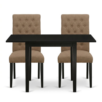 Black Finish Light Sable Linen Rubber Wood Rectangle Table Parson Chairs 3 Piece Dining Set Butterfly Leaf Button Tufted Back