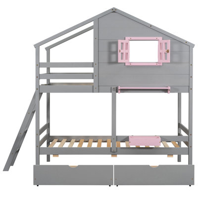 Lit superposé simple gris avec avantages fonctionnels. 2 tiroirs, 1 boîte, une tablette et une fenêtre. Fabrication en bois massif. Pour 6 personnes et plus. Bois. Âges ans plus âgés