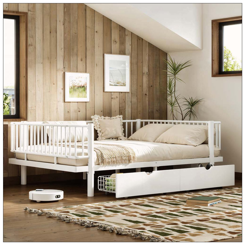 Lit plateforme avec tiroirs de rangement, Blanc clair, Lit double