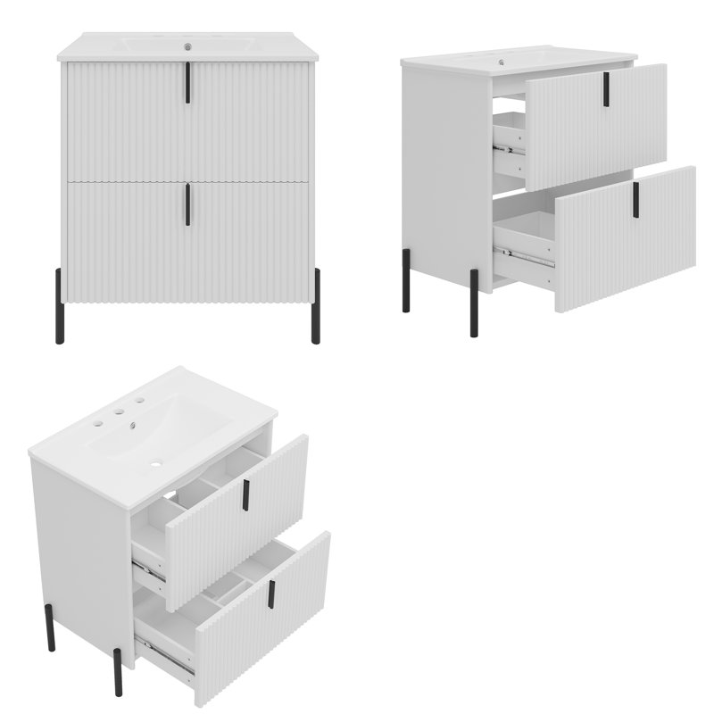  Meuble-lavabo 30 po Mid-Century à cannelures 30 po - Armoire 2 tiroirs - Blanc, Blanc