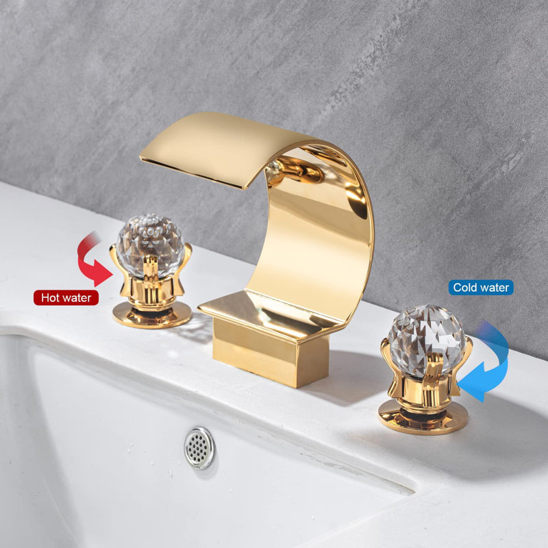 Polished Gold Bathroom Faucet 3 Holes Dual Crystal Handle Vanity Basin Mixer Tap