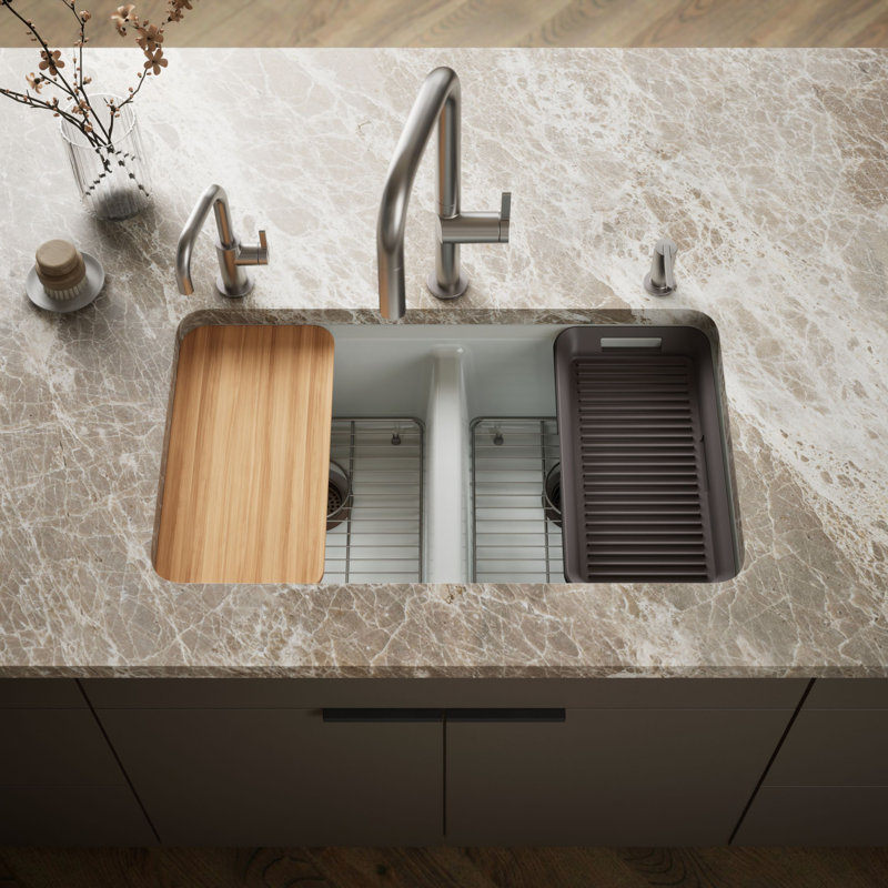 Riverby® 33" undermount double-bowl workstation kitchen sink, Ice Grey