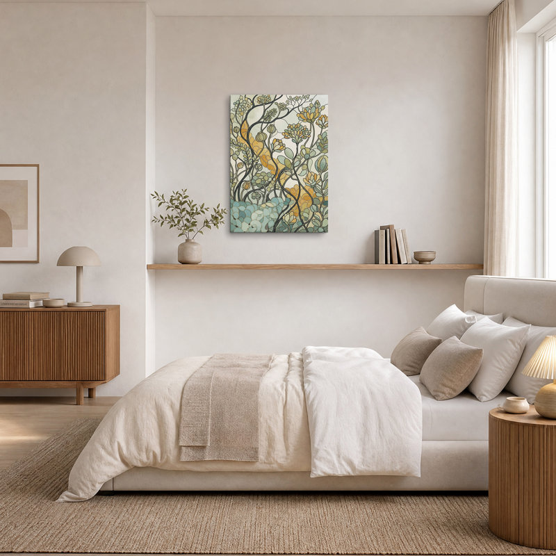 Tableau sur toile à motif floral vert et jaune discret, 24"H x 16"W