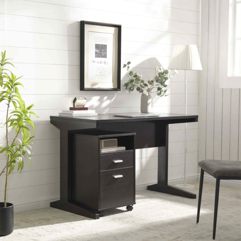 Compact Home Office Desk With Modesty Panel And Detachable File Cabinet On Locking Wheels, Ideal For Efficient Workspaces