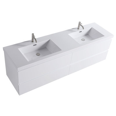 Hood-1d 72.00 In. W X 19.70 In. D X 21.60 In. H  Wall Mounting Bath Vanity In White Wood With Double White Sink