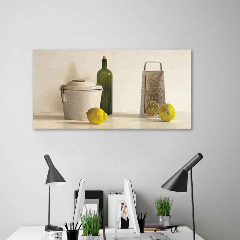 " Two Lemons, Rasp, Bottle And Pot " by Willem De Bont, 12" H x 24" W x 1.5" D