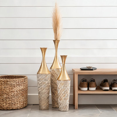 Ensemble de 3 vases de sol décoratifs, en aluminium texturé haut, or doux pour vestibule de 27,56 à 35,43 pouces