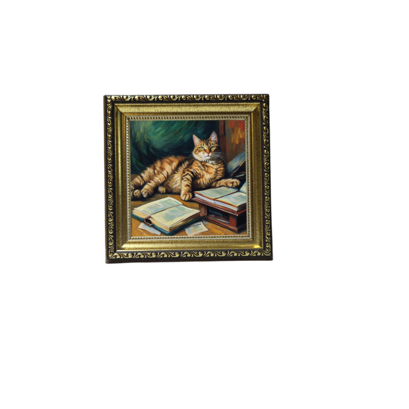 Art antique, cadre doré, chat noir, H 9 po x l 7 po