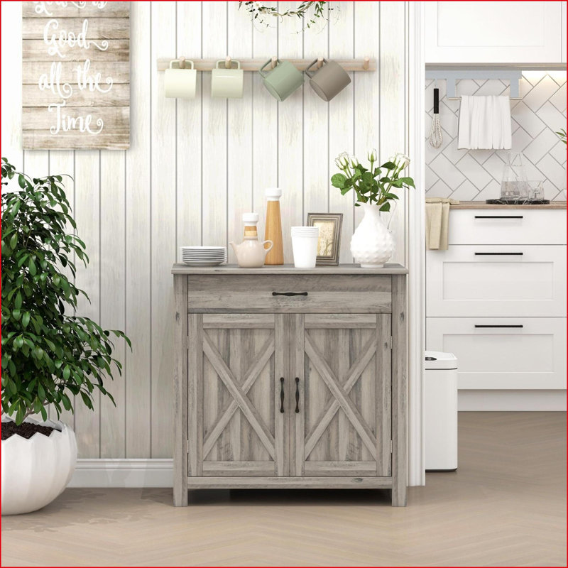 Sideboards Farmhouse Buffet Cabinet with Barn Doors, Drawer &amp; Adjustable Shelf | Gray Wash | MDF, Particleboard, White