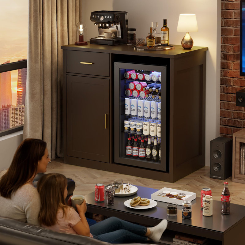 39.4" Modern Coffee Bar Cabinet with Mini Fridge Space, Wine Storage & Drawer, Brown