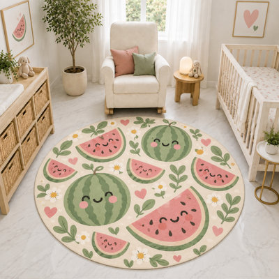 "Ultra Thin" 6' x 6' Cute Watermelon Fruit Round Area Rug, Soft Low Pile Indoor Rug with Non-Slip Silicone Backing for Nursery, Kids Room, Playroom Decor