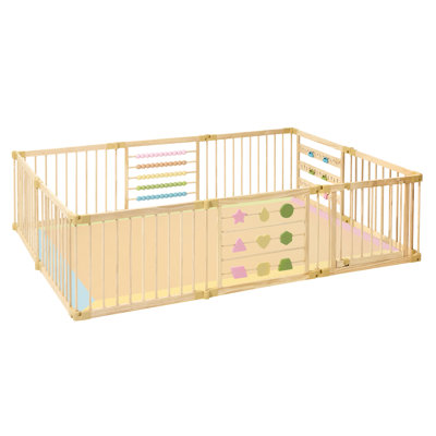 ZETY Natural Pine Wood Baby Playpen - Built in Activity Centre - Foldable & Expandable Indoor Wooden Play Yard