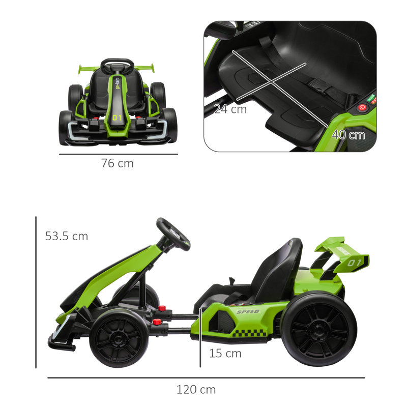 HOMCOM 24V Electric Go Kart for Kids with Adjustable Seat 6-12 Years, Black/Green