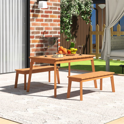 Acacia Wood Table Bench Dining Set For Outdoor & Indoor Furniture With 2 Benches
