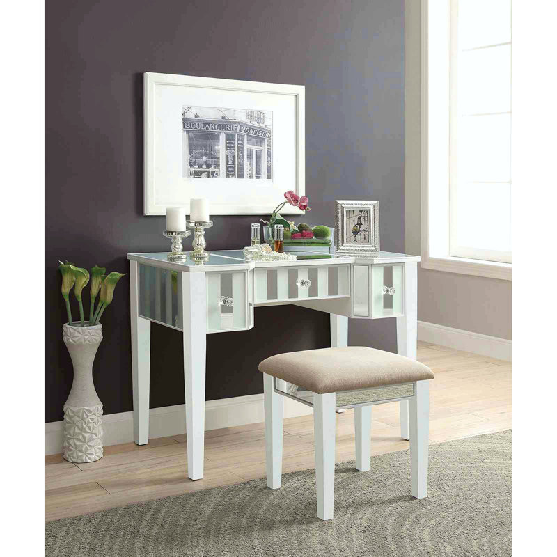 Transitional Style  1Pc Vanity W/ Stool Set Core Design Storage Drawers Central Mirror Padded Stool Bedroom Furniture, White