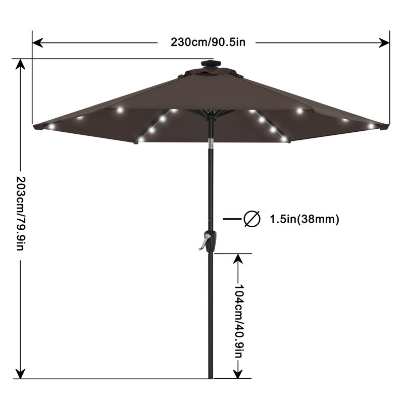 Parasol de marché solaire à DEL Cutshall avec inclinaison et relevage à manivelle, Brun, 7.5'