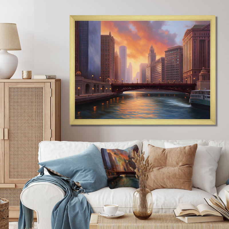 Chicago City Scene I, reproduction d'art sur toile, Encadrement doré, H 30 po x l 40 po x P 1,5 po