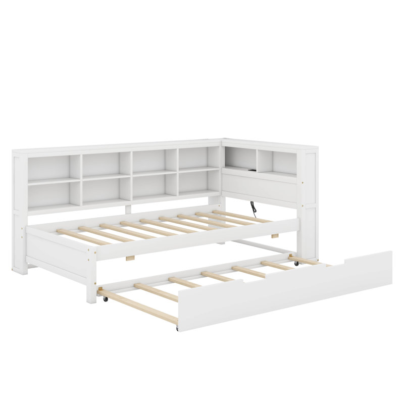 Twin Size Daybed With Trundle, Shelf And USB, White