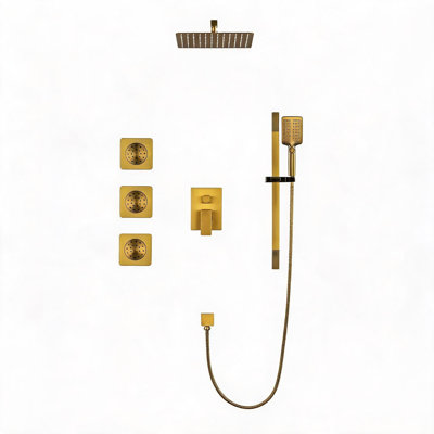 Gold Brass Shower System with Shower Head, Hand Shower, Slide Bar, Bodysprays, Shower Arm, Hose, Valve Trim, and Lever Handles