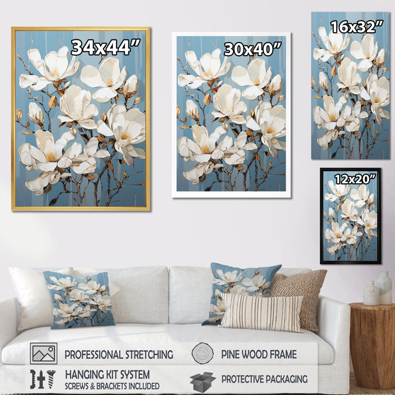 «Elegant White and Blue Magnolias Tranquility VI», reproduction sur toile, Cadre doré simple, H 44 po x l 34 po x P 1,5 po