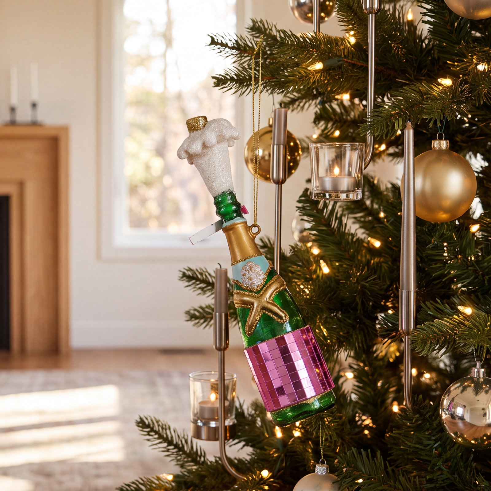 Glass Champagne Bottle Ornament With Glitter